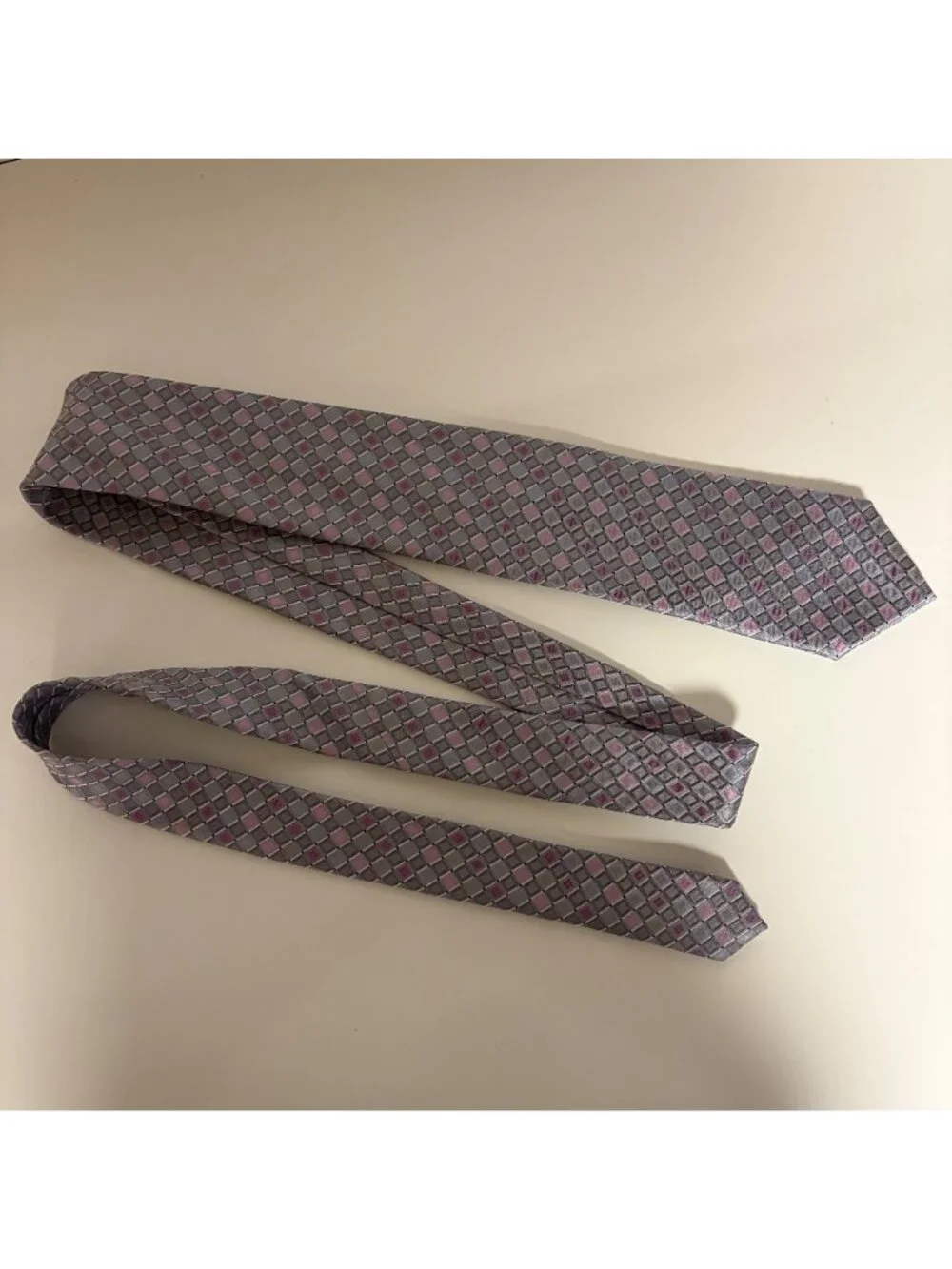 Kenneth Cole Silk Extra Long Tie Gray Pink Geometric Mens Necktie Office Formal